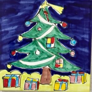 Italian Christmas Tree Trivet Ceramic Clay Hand Painted Vintage